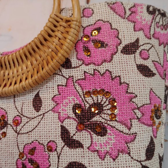 *no tag VINTAGE style purse handbag w burlap texture rattan handle pink & cream - Picture 8 of 16